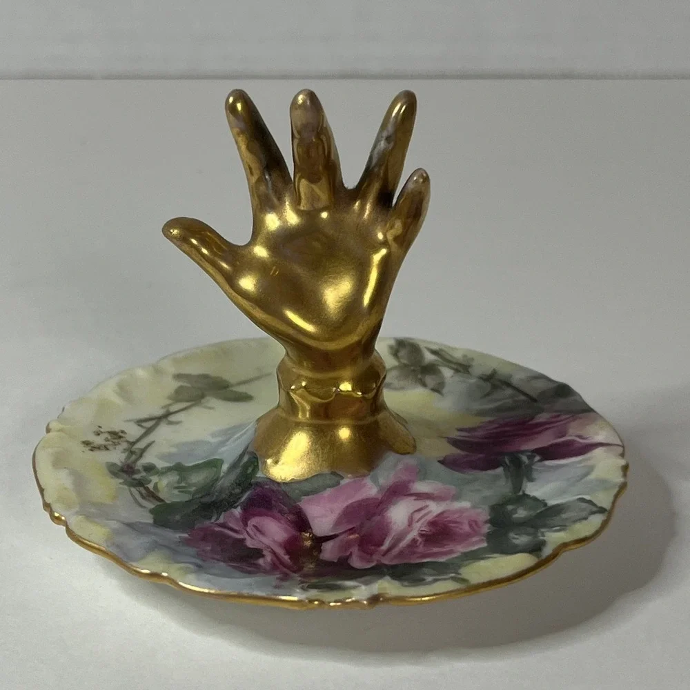 Vintage Limoges France Porcelain Ring Holder Gold Hand Floral Dish C.H. Snyder
